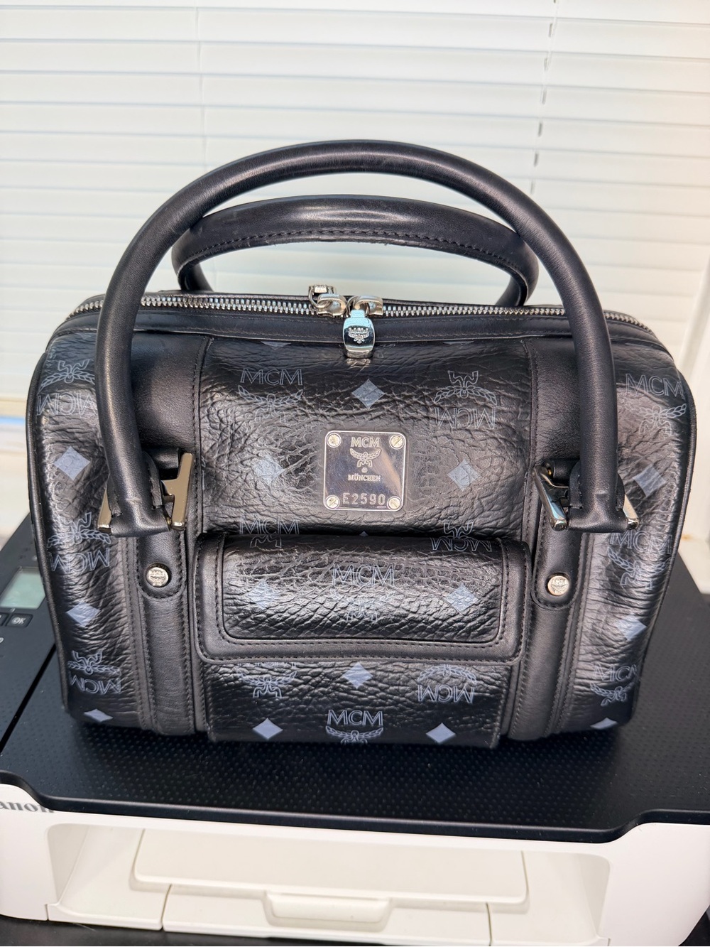 MCM Black Monogram Leather Boston Bag w/COA paperwork